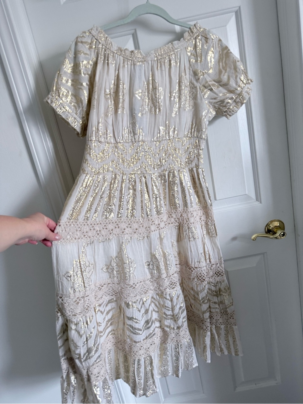 NWT Stunning Shimmery Cream and Gold Lace Metallic Embroidered Boho Midi Dress - Picture 9 of 15